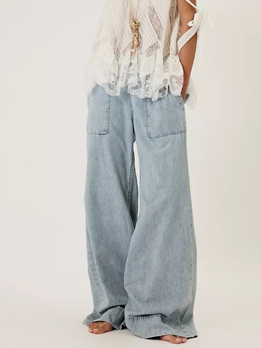 Free People Breezy pull On Wide-Leg Jeans Lt Wash Sz S 100 Cotton